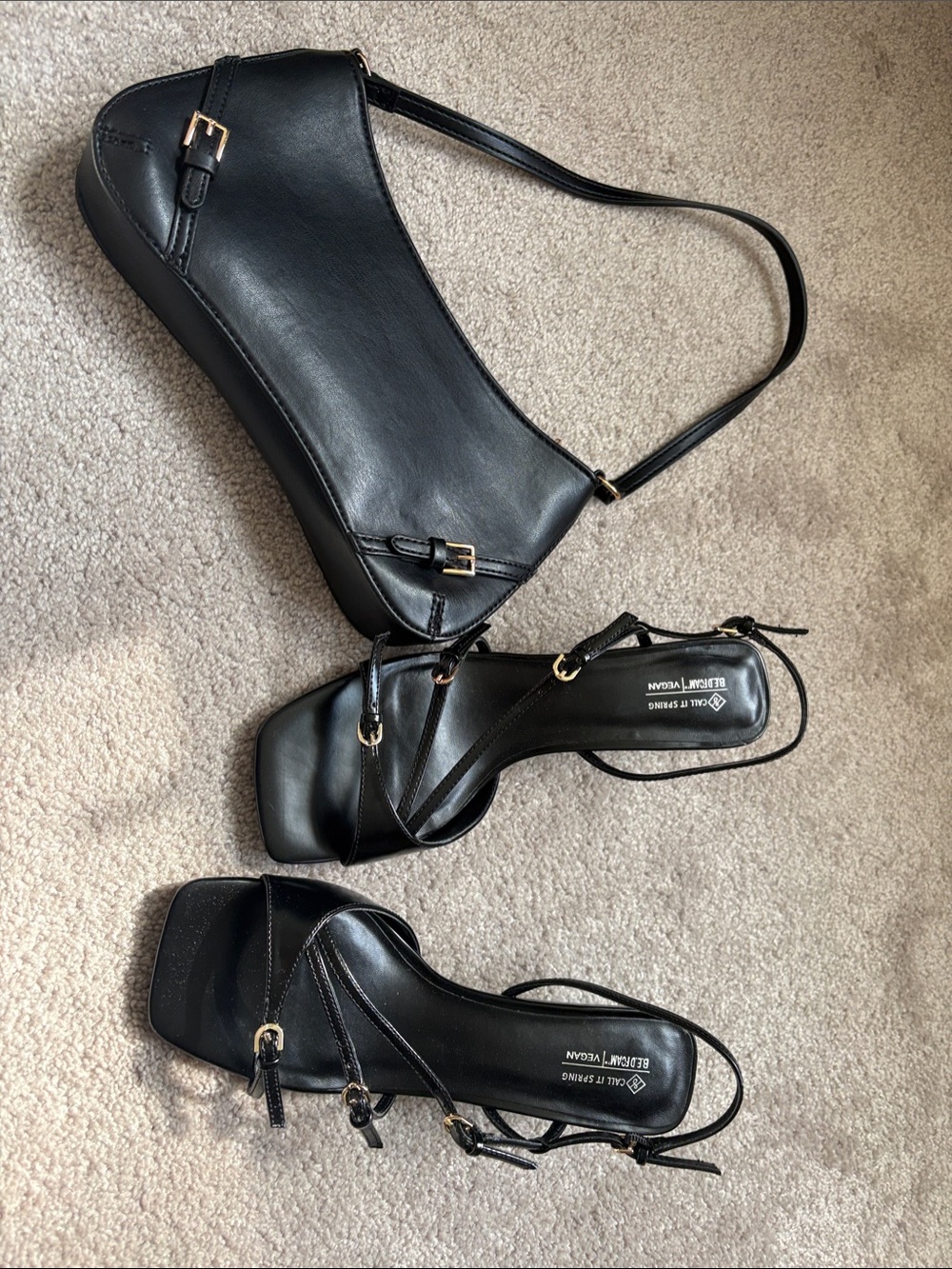 Call It Spring Black Strappy Square-Toe Heeled Sandals with Gold Buckles